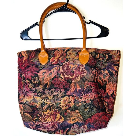 Floral Tapestry Tote Bag With Leather Handles Talbots Large Interior Pocket Zip - Picture 1 of 10